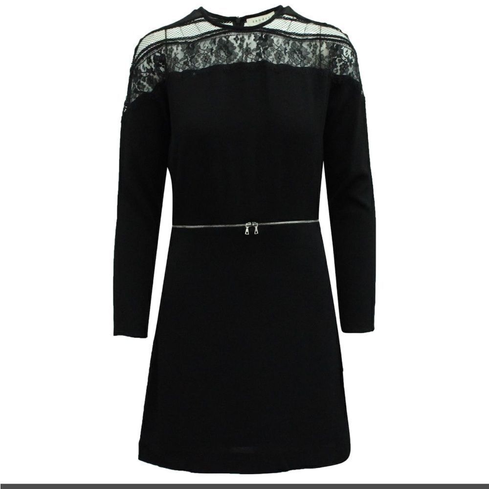Sandro Paris Lace Long Sleeve Viscose Mini Dress Black Zipper Waist Sz Small